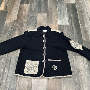 FLASHBACK Linen Blend Blazer Jacket Sz M Boho Aztec Western Embroidered Vintage